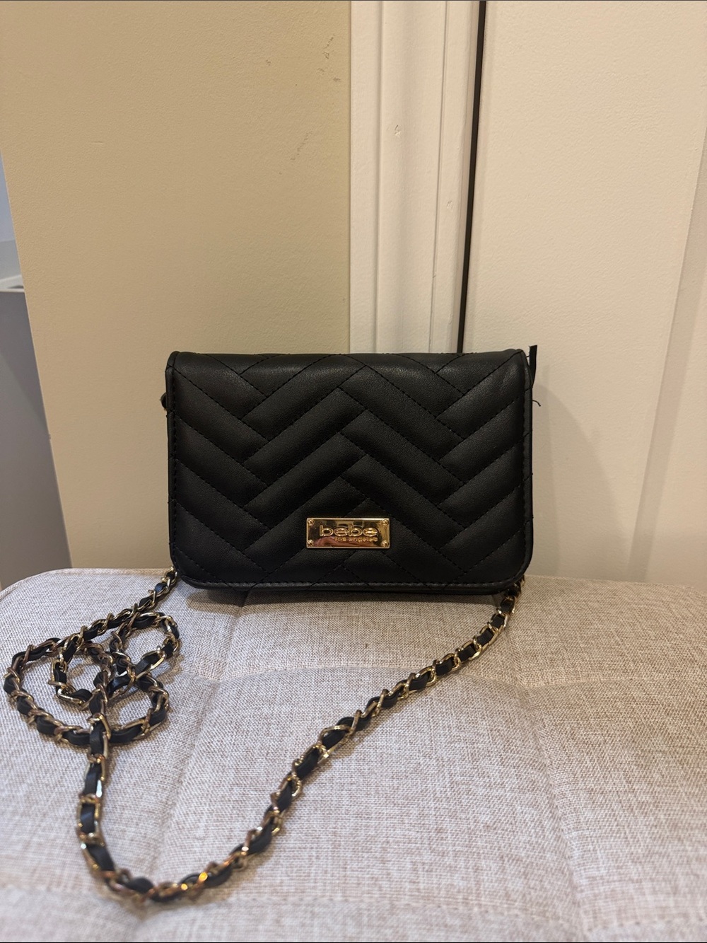 BEBE Quilted Black Crossbody Bag with Gold Chain
